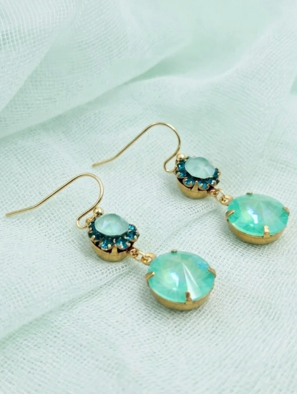 Mint Macaron Swarovski Crystals In Artisan Drop Gold Handmade Brass Earrings